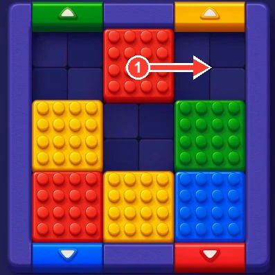 Top red block sliding into the top-right corner in Block Out Level 4