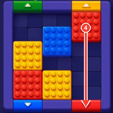 Red block dropping to the red gate at the bottom right in Block Out Level 4